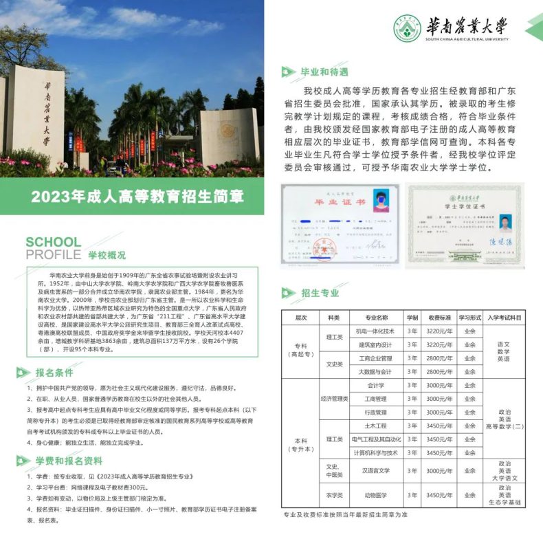 華南農(nóng)業(yè)大學(xué)2023年成人高考招生專業(yè)一覽表-1